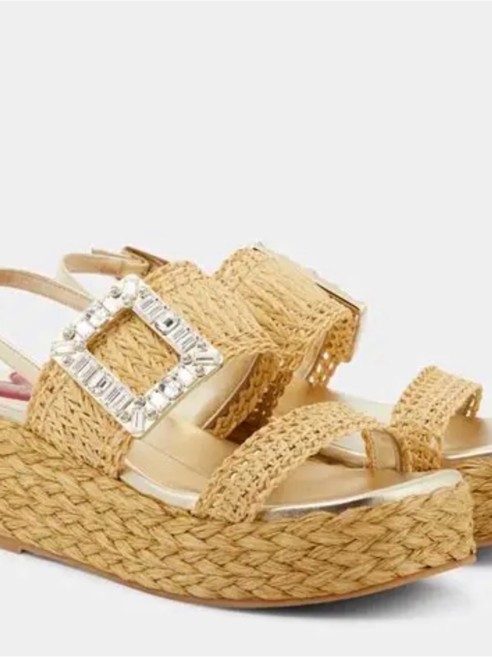 Roger Vivier Beige Woven Raffia Platform Sandals with Rhinestone Buckle